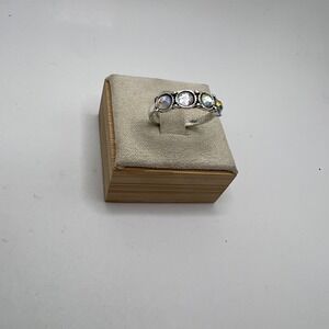 Silver Tone Ring with Round Iridescent Rainbow Stones, Size 5.5‎